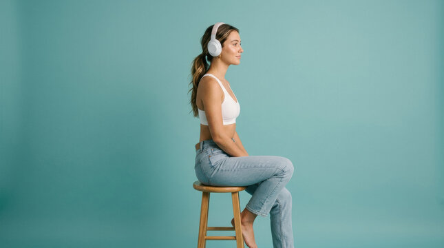 Woman headphone stool profile teal background casual denim seated calm listening pose studio portrait with white top jean wooden chair copy space relaxed mood