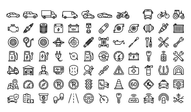 Editable stroke car icon pack with automobile vehicle service transportation and repair symbols
