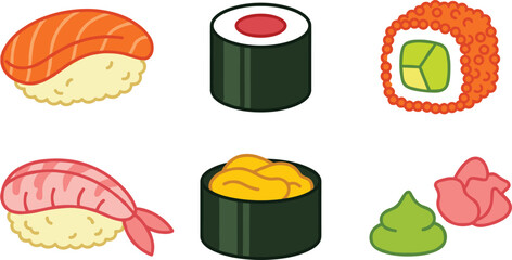 Japanese Sushi Food Vector Icon Set Featuring Salmon Nigiri Maki Roll California Roll Shrimp Ebi Uni Gunkan Wasabi and Pickled Ginger for Restaurant Menus © Sufea