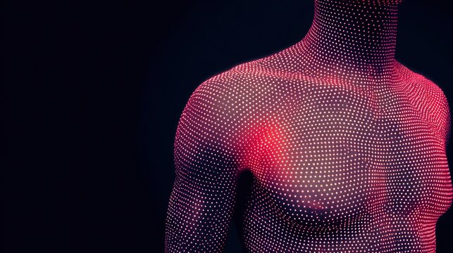 symptom. Abstract red dot pattern on a male torso silhouette representing a minimalist medical concept. mobility guides, transit brochures, designed for mobility and urban transit guides.