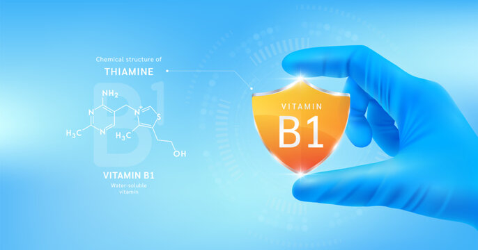 Doctor's hand in blue gloves holding orange vitamin B1 shield on blue background. With chemical structure of Thiamine. Medical science concept. Vector.