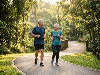 Obraz premium Active Seniors Enjoying Morning Jog Together in Picturesque Park