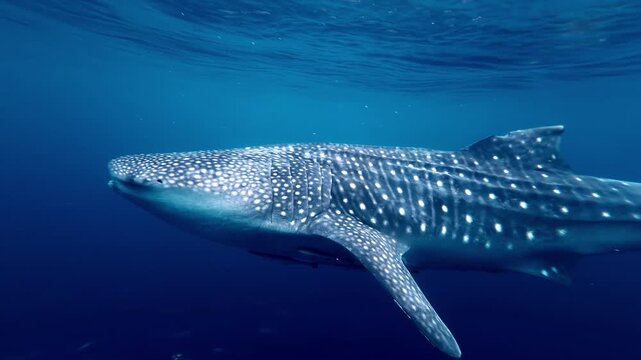 Solitary whale shark glides in full side profile through vivid blue open water near the surface - Sogod Bay, Padre Burgos Pintuyan