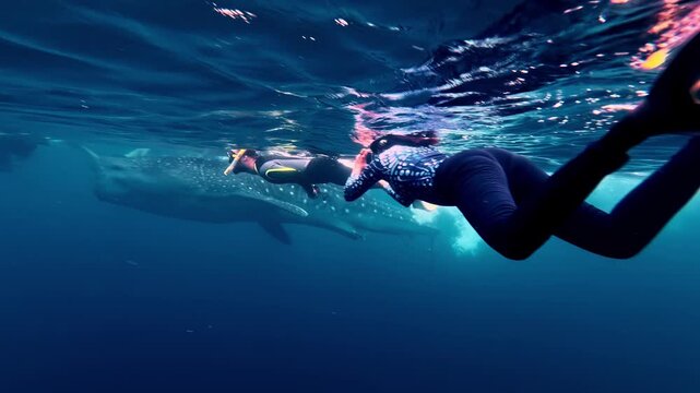 A pair of snorkelers glide beside a large whale shark near the sunlit surface in open blue water - Sogod Bay