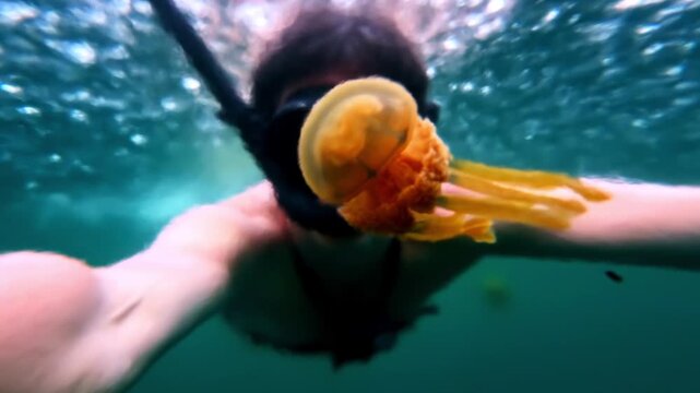 A snorkeler comes within centimeters of a large orange jellyfish drifting near the ocean surface.