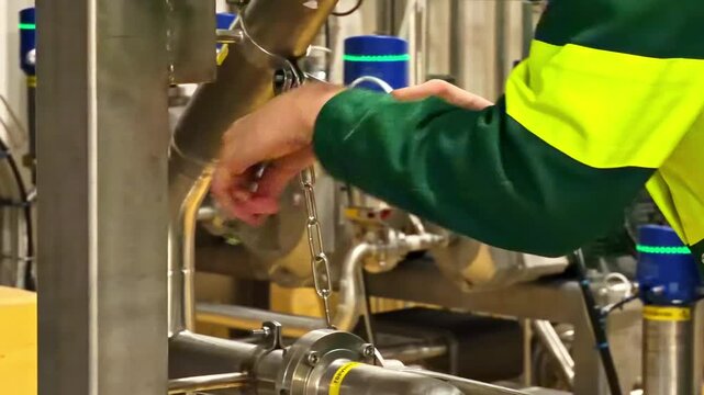 Close up of hand fastening screw bolt on metal piping system inside modern manufacturing plant