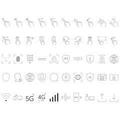 50 Smartphone Gesture, Security & Communication Icons, Mobile UI Line Icon Set, Swipe Tap Face ID Fingerprint WiFi Bluetooth NFC Vector / スマホ操作・セキュリティ・通信アイコン50点セット スワイプ タップ 顔認証 指紋認証 Wi-Fi  © balloon
