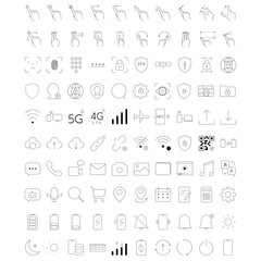 100 Smartphone Function Icons Set, Mobile UI & App Line Icon Collection, Gesture Security Communication Battery Notification Settings Vector / スマホ機能100アイコンセット モバイルUI・アプリ・通信・セキュリティ・バッテリー・通知・設定ラインアイコン集  © balloon
