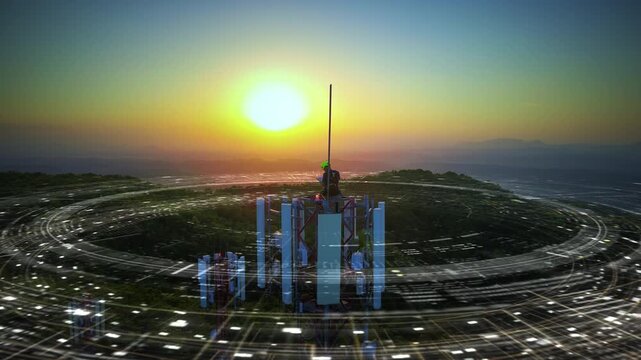 AI powered 6G network engineer performing predictive maintenance on next-generation wireless infrastructure. 3D motion graphic visualization. Aerial