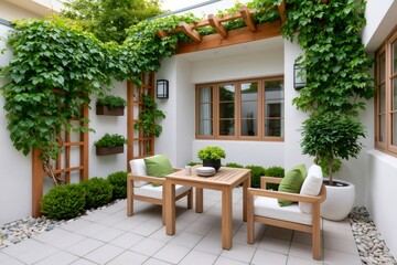 Fototapeta premium Modern outdoor patio garden with wooden furniture and climbing plants