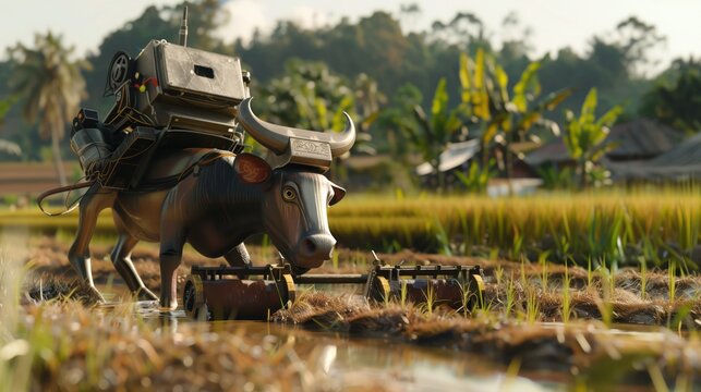 "Photorealistic humanoid AI robot plowing rice field with ox and traditional wooden plow"