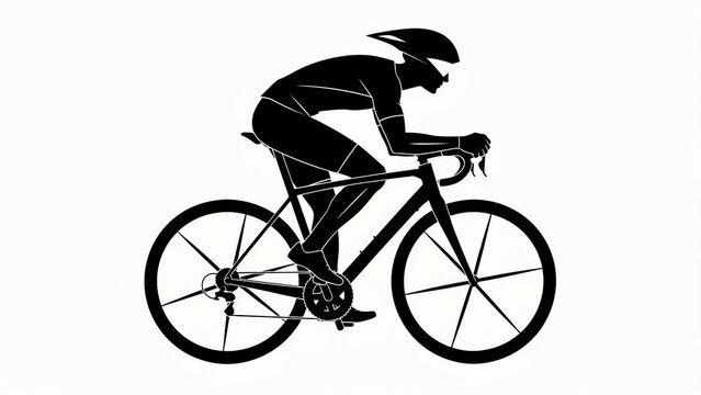 Bicycle Rider Silhouette Icon on White Background with Bold Black Shapes and Geometric Wheel Lines Featuring Biking, Cycling, Monochrome with Vector