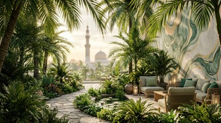 Fototapeta premium Sacrificial animal pen with palm trees in tropical garden during Eid al-Adha celebration