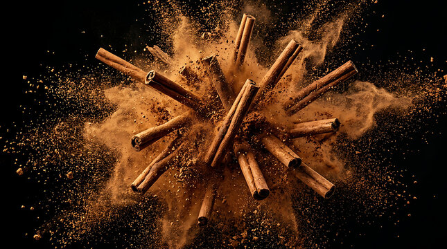 Cinnamon sticks explode in a cloud of spice particles on a dark background