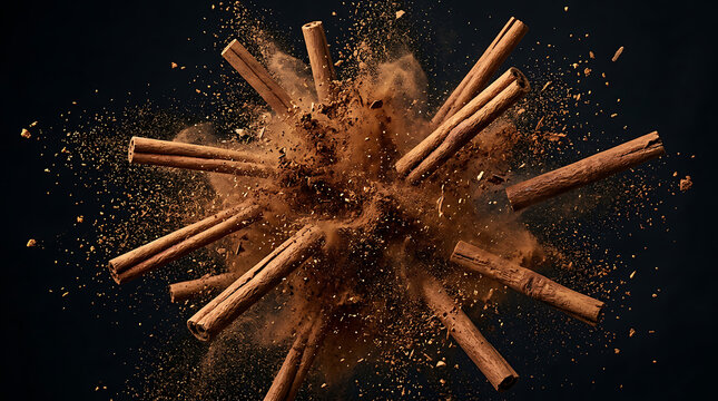 Cinnamon sticks explode in a cloud of brown powder on a dark background