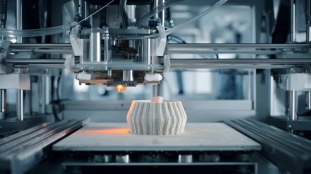 Industrial 3d printer creating a complex model layer by layer in a modern production facility