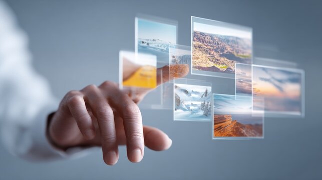 Person selecting images on transparent display