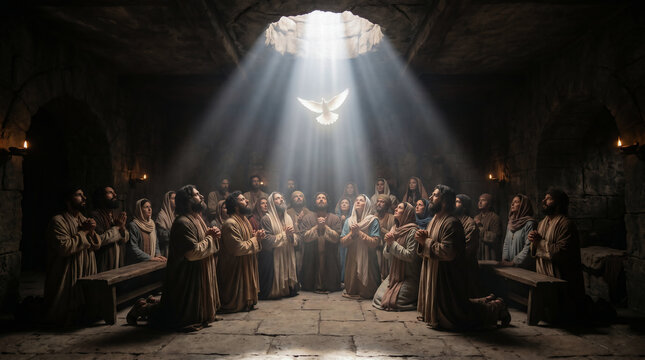 Apostles and woman praying during Pentecost. Descent of the Holy Spirit on disciples in Jerusalem. Biblical event of holy dove appearing with miracle light rays. Religious art