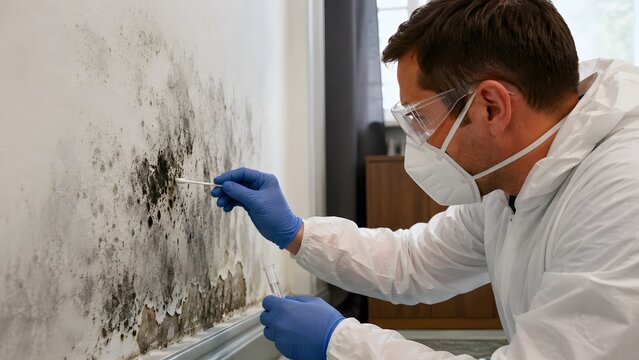 Technician taking mold sample from damp interior wall