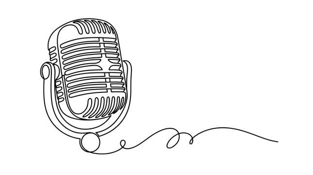 a minimalist, continuous single-line drawing of a classic vintage broadcast microphone, elegantly capturing its retro design with a flowing, looping cord trailing to the right