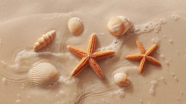 Close-up of various seashells and two starfish on smooth wet sand with gentle seafoam wave on a sunny beach background