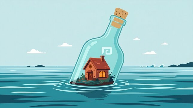 Bold Single Illustration Tiny House Inside Giant Glass Bottle Sea Float