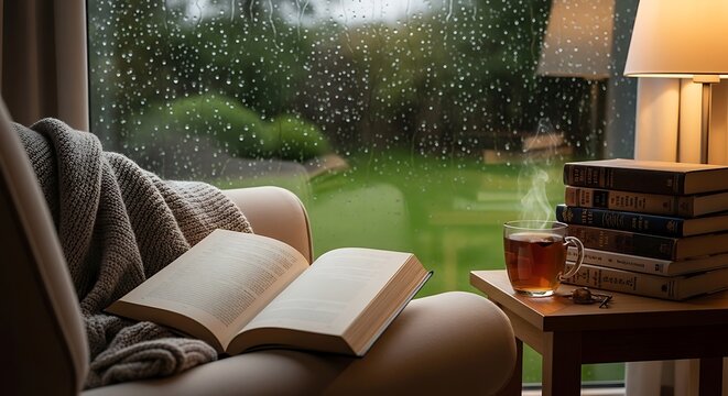 reading, book, tea, relaxation, indoors, couch, window, garden, light, lifestyle, leisure, cozy, comfort, home, person, drink, nature, view, afternoon, serene, tranquil, warm, soft, domestic, calm, qu