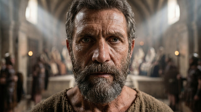 Apostles Peter and John standing before the Jewish leaders and high priests for interrogation. Biblical scene from Acts of the Apostles. Ancient middle eastern historical reenactment