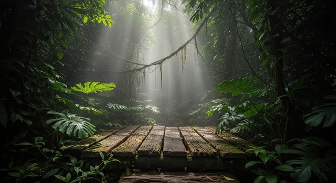 Sunbeams shining on wooden platform in lush tropical jungle