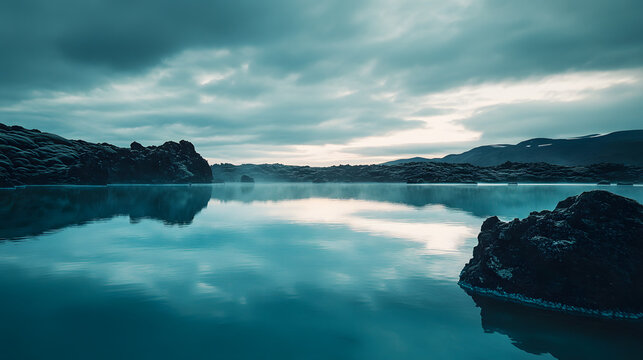 Serene geothermal lagoon with volcanic lava rocks and misty horizon under dramatic cloudy sky during a calm morning atmosphere in a remote natural landscape