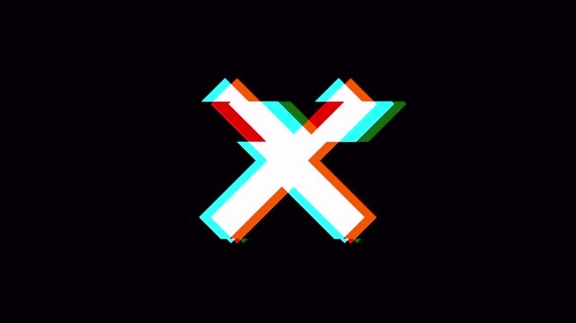 Letter X or cross icon symbol animation with distortions and glitch effects