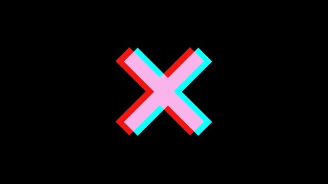 Letter X or cross icon symbol animation with distortions and glitch effects