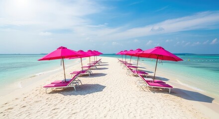 Fototapeta premium Pink sun umbrellas and loungers on a tropical sandbar