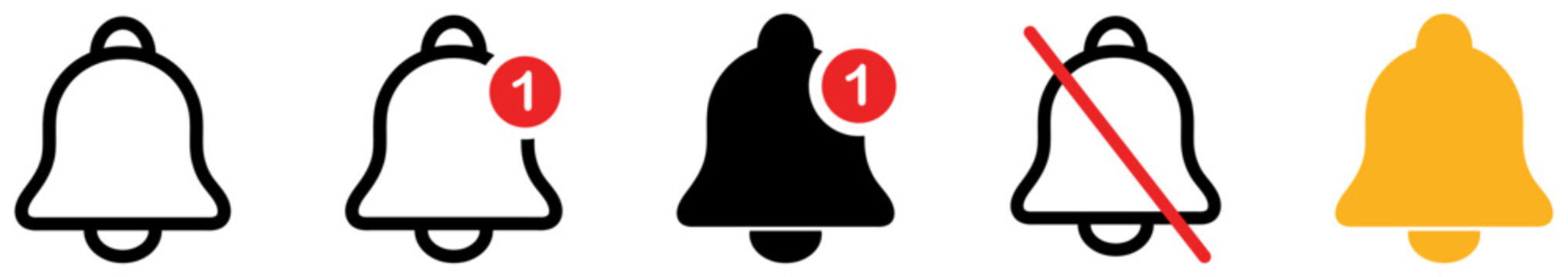 Notification bell icons featuring alert, unread badge, ringing bell, mute notification and reminder symbols. Collection of notification and message icons. vector, icons, symbol