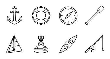 8 Nautical linear icon set anchor, lifebuoy, compass, paddle, sailboat, buoy, kayak, fishing rod, UI and web interface design © Bundleprohub