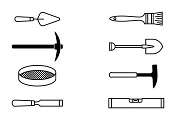 10 Archaeology Tools linear icon set trowel pickaxe shovel brush hammer sieve level chisel, UI and web interface design © Bundleprohub