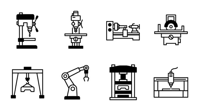 8 Industrial Machines linear icon set drill press lathe milling machine press robot arm, UI and web interface design