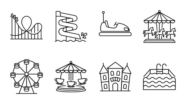 8 Amusement Park linear icon set roller coaster water slide bumper car carousel Ferris wheel teacup ride castle pool, UI and web interface design