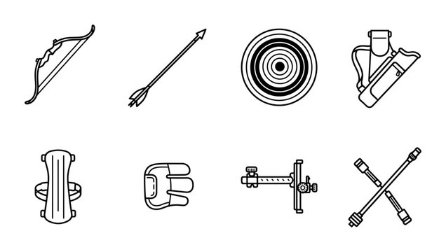 Archery linear icon set bow arrow target quiver arm guard finger tab sight stabilizer, UI and web interface design