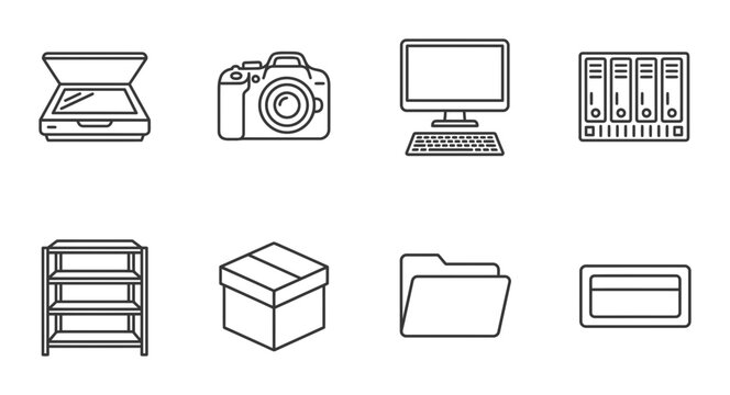 8 Office Technology linear icon set scanner camera computer server shelf box folder credit card, UI and web interface design