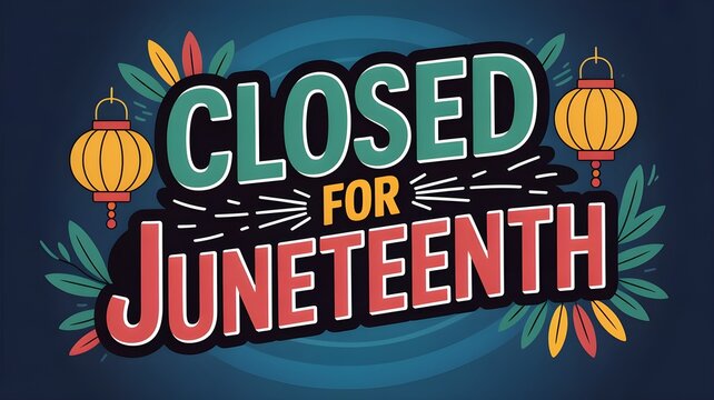 Closed for juneteenth holiday sign with festive lanterns and decorative leaves on a dark blue background