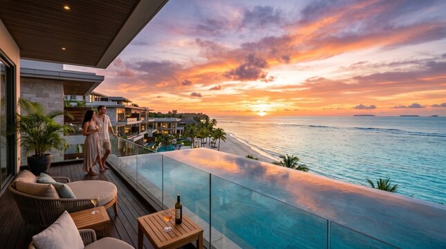 People relax on a deck overlooking a serene ocean at sunset