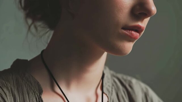 Woman touching her neck, experiencing discomfort and pain from a sore throat or inflammation