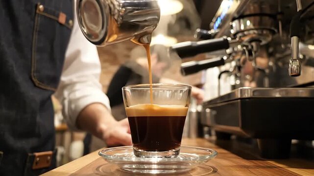 Barista pouring hot espresso from a metal pitcher into a glass cup at a cafe.