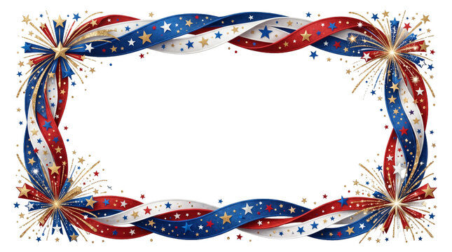 Celebratory 4th of July ribbon frame with fireworks and stars isolated on background for graphic design of premium elements.