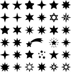 Obraz premium Large group of black star icons in different styles and complexities, ideal for digital and print media, representing concepts like quality, ratings, and excellence.