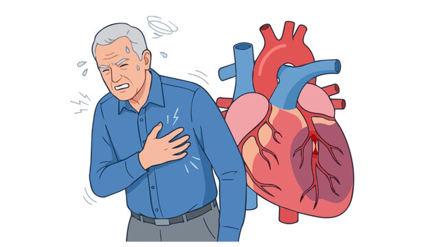 Senior Man Having Heart Attack Chest Pain and Cardiac Anatomy Vector Illustration