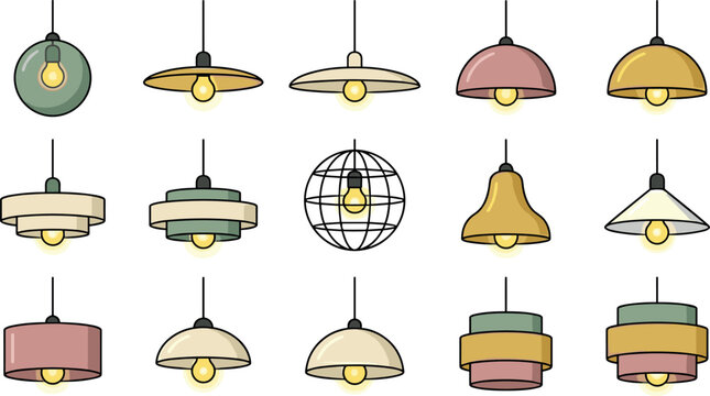 Modern Minimalist Pendant Lamp Icon Set with Mid Century Hanging Ceiling Light Fixtures Colorful Shades and Edison Bulbs Vector Graphic Illustration