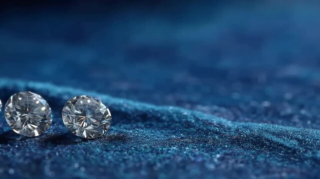 Round cut diamonds perfectly aligned on a luxurious blue velvet background with tweezers