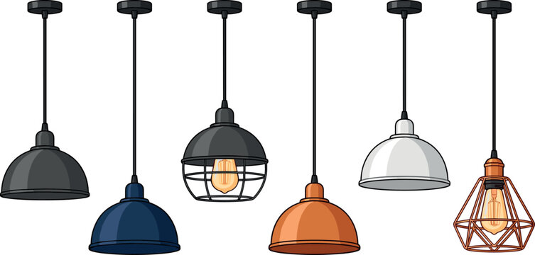 Industrial Vintage Pendant Lamp Icon Set with Modern Hanging Ceiling Light Fixtures Cage Guards and Edison Bulbs Vector Graphic Illustration